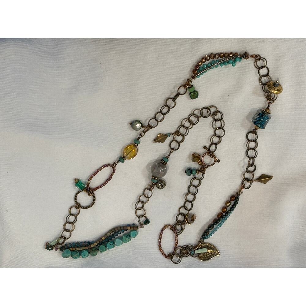 Vintage Long Flapper / Charm Necklace Natural Stones Art Glass Pearls